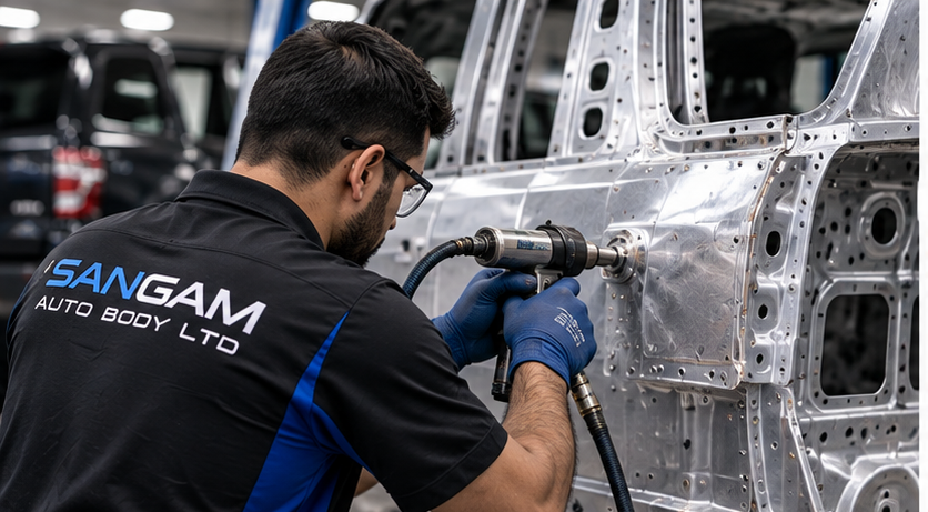 Aluminum collision repair at Sangam Auto Body